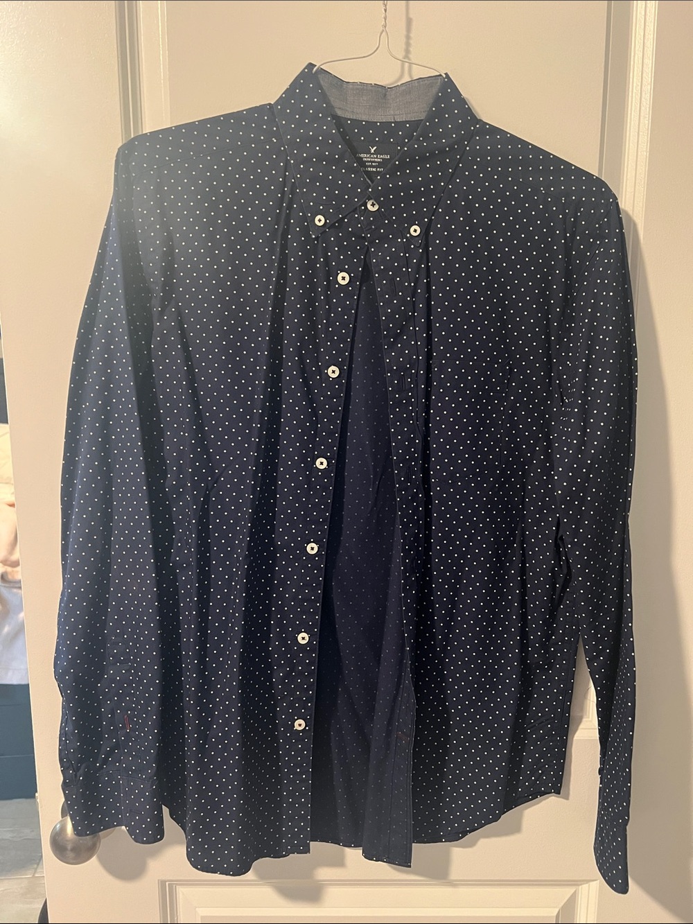 American Eagle Outfitters Men's Navy Blue Pinstripe Button-Down Shirt